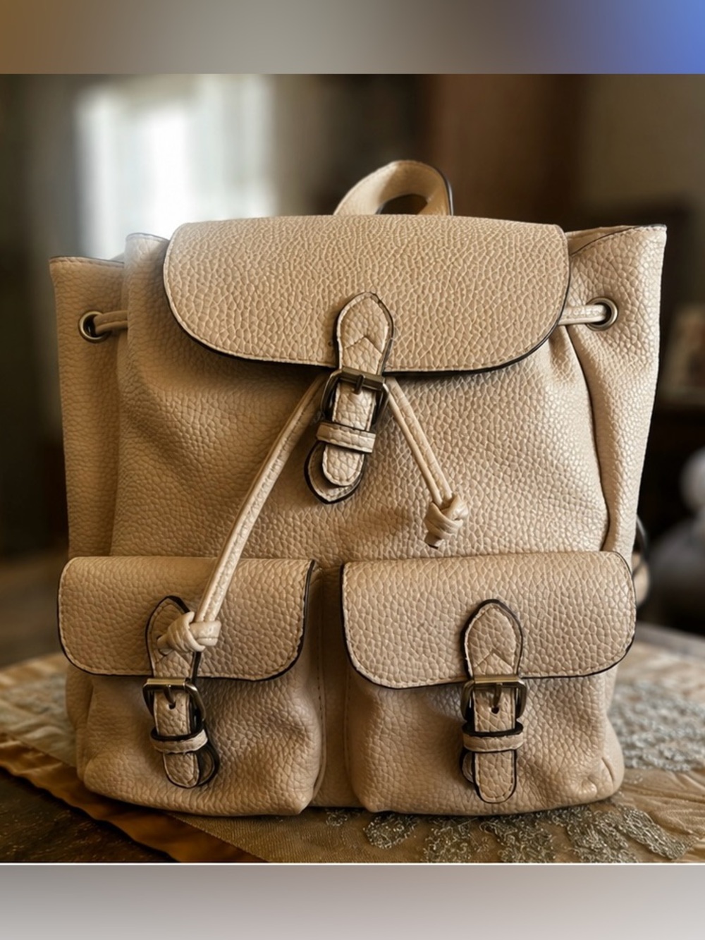 Mango Beige Pebbled Leather Backpack